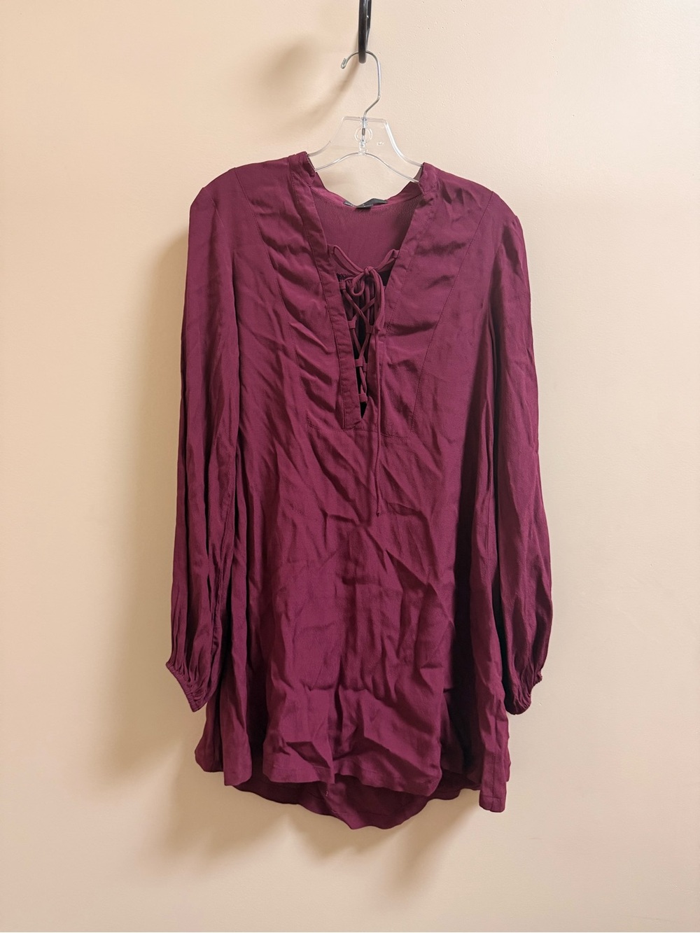 Long Sleeve Lace-Up Tunic Dress in Plum